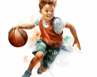 Children Basketball Clipart, Kids Sports Images, 10 Watercolor Clip Art, Printable JPGs, Instant Download, Commercial Use, Paper craft