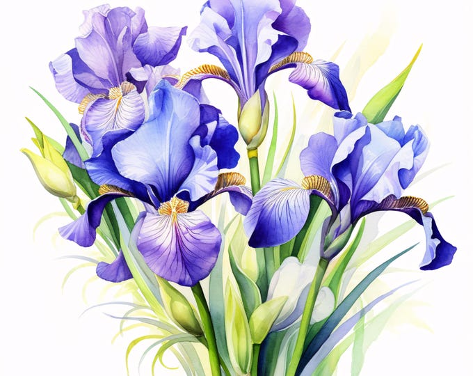 Blue Iris Watercolor Clipart: Purple Floral Images, Commercial Use (JPGs, Instant Download)