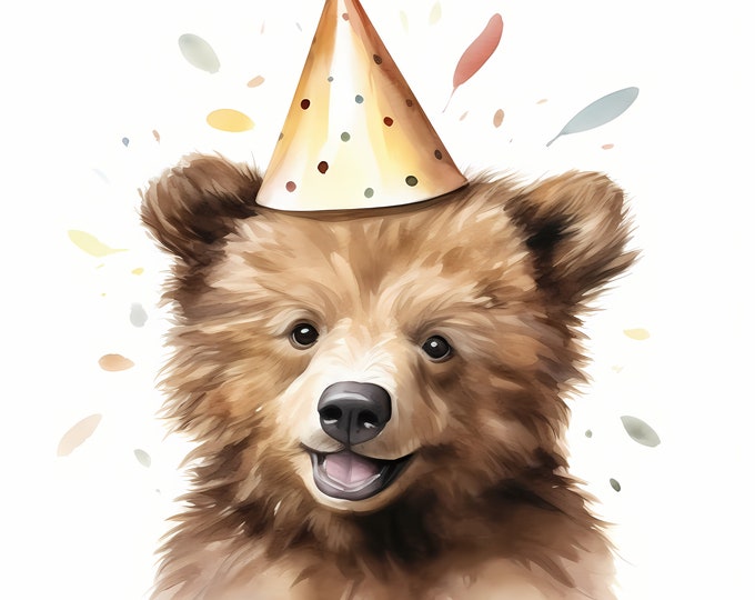 Brown Bear Clipart, Bear with Party Hat Images, 10 Watercolor Clip Art, Printable JPGs, Instant Download, Commercial Use, Paper craft