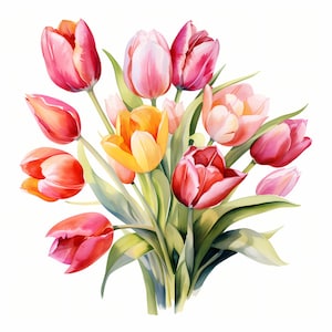 Tulips Clipart, Bouquet of Tulips Images, 10 Watercolor Clip Art, Printable JPGs, Instant Download, Commercial Use, Paper craft