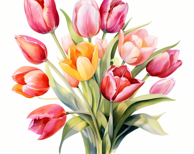 Tulips Clipart, Bouquet of Tulips Images, 10 Watercolor Clip Art, Printable JPGs, Instant Download, Commercial Use, Paper craft
