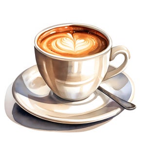 Puede incluir: Una taza de café de cerámica blanca con un platillo, llena de un capuchino con un diseño en forma de corazón en la espuma.