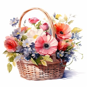 Bloemen mand clipart, Valentijnsdag mand afbeeldingen, 10 aquarel illustraties, afdrukbare jpg's, Instant Download, Commercieel gebruik, Papercraft