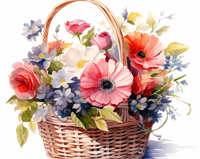 Flowers Basket Clipart, Valentines Basket Images, 10 Watercolor Clip Art, Printable JPGs, Instant Download, Commercial Use, Paper craft