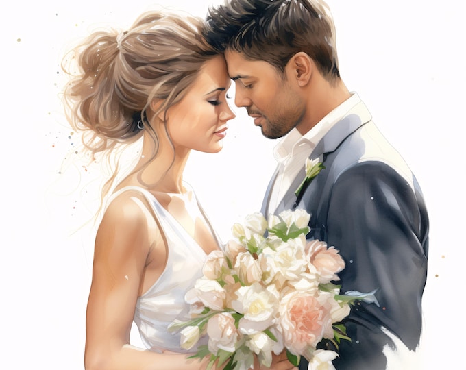 Wedding Couple with Flowers Clipart, Romantic Bride Groom Images, 10 Watercolor Clip Art, Printable JPGs, Instant Download, Paper Craft