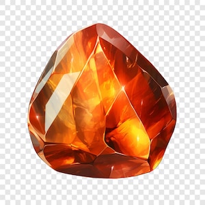 Puede incluir: Una piedra preciosa facetada en forma de lágrima, que muestra un degradado vibrante de tonos ámbar profundo, naranja y amarillo brillante. La superficie presenta cortes angulares nítidos que crean reflejos de luz internos y un acabado pulido.