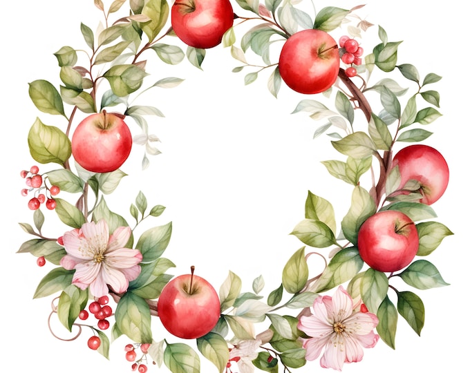 Apple Wreath Clipart, Apple Blossom Wreath Images, 10 Watercolor Clip Art, Printable JPGs, Instant Download, Commercial Use, Paper craft