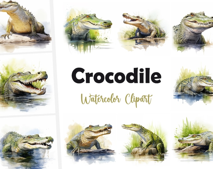 Crocodile Clipart, Nile Crocodile Images, 10 Watercolor Clip Art, Printable JPGs, Instant Download, Commercial Use, Paper craft