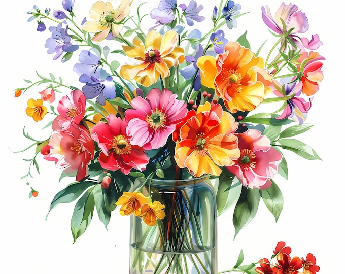 Vase of Flowers Clipart, Spring Flowers Images, 10 Watercolor Clip Art, Printable JPGs, Instant Download, Commercial Use, Paper craft
