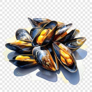 Könnte beinhalten: Ein Haufen von Miesmuscheln mit dunklen, glänzenden, länglichen Schalen und leuchtend orange-gelbem Fleisch, das im Inneren der geöffneten Klappen sichtbar ist. Die Schalen haben eine glatte, irisierende Textur in tiefblauen und schwarzen Tönen.