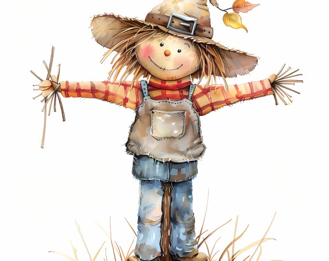 Scarecrow Clipart, Fall Scarecrows Images, 10 Watercolor Clip Art, Printable JPGs, Instant Download, Commercial Use, Paper craft