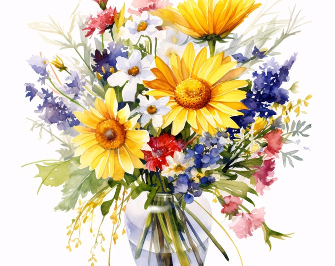 Wildflower Bouquet Clipart, Rustic Floral Images, 10 Watercolor Clip Art, Printable JPGs, Instant Download, Botanical Paper Craft