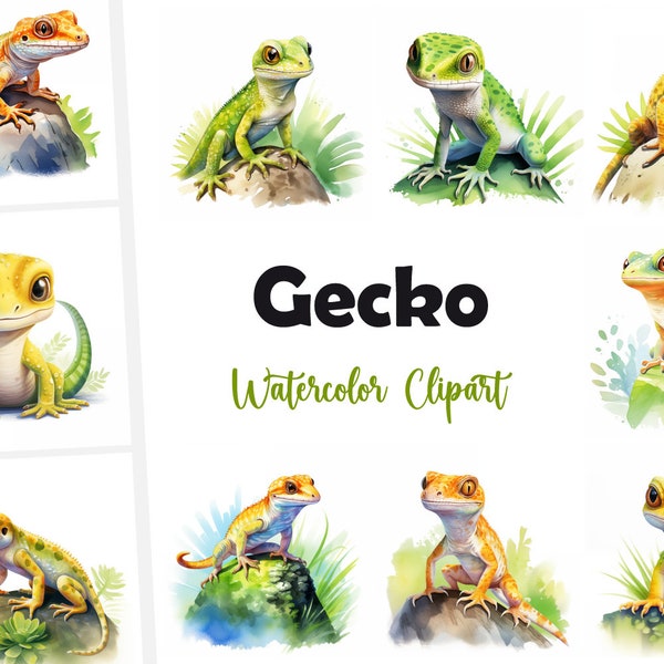 10 Gecko, Gecko JPG, Watercolor Clipart, High Quality JPGs, Digital Download, High Resolution, Commercial Use