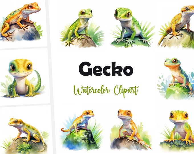 Gecko Clipart, Gecko Images, 10 Watercolor Clip Art, Printable JPGs, Instant Download, Commercial Use, Paper craft