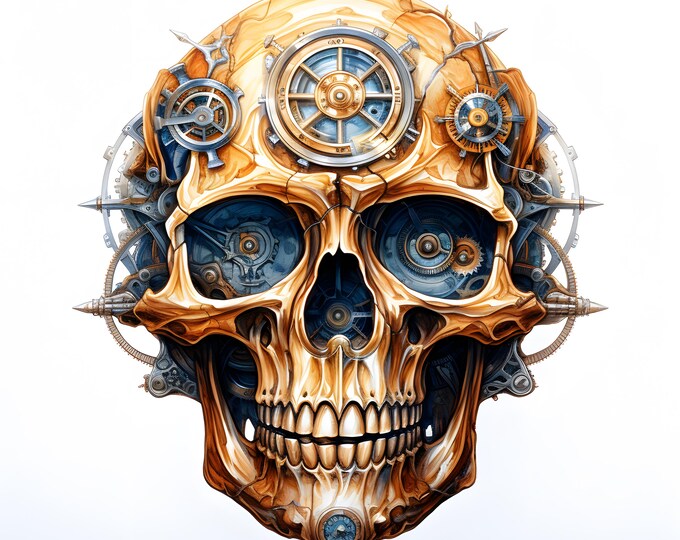 Steampunk Skull Clipart, Cyber Skull Images, 10 Watercolor Clip Art, Printable JPGs, Instant Download, Commercial Use, Paper craft