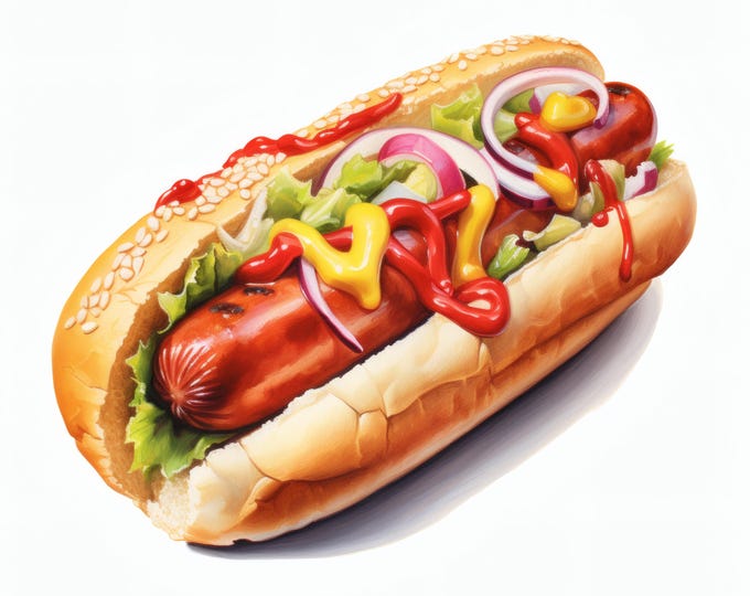 Hot Dog Clipart, Fast Food Images, 10 Watercolor Clip Art, Printable JPGs, Instant Download, Commercial Use, Paper craft