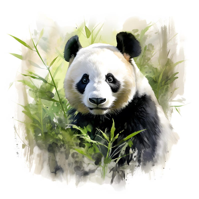 May include: A black and white panda bear with a cute expression, peeking out from behind green bamboo leaves. The panda is painted in a watercolor style, with soft edges and a blurred background.