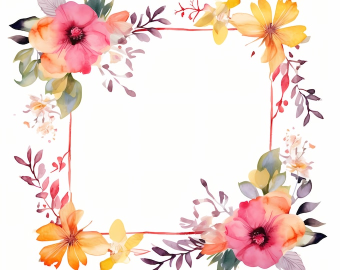 Flowers Frame Clipart, Floral Border Images, 10 Watercolor Clip Art, Printable JPGs, Instant Download, Commercial Use, Paper craft