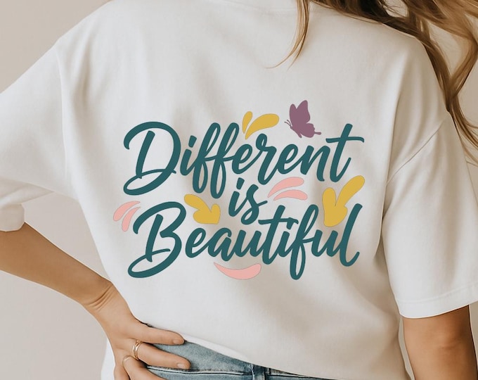 Different is Beautiful SVG, Inspirational Quote T-Shirt Print, Butterfly DXF PNG Design for Cricut Silhouette