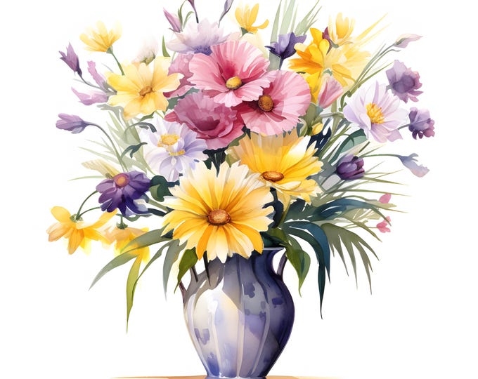 Wildflowers Vase Clipart, Vase of Flowers Images, 10 Watercolor Clip Art, Printable JPGs, Instant Download, Commercial Use, Paper craft