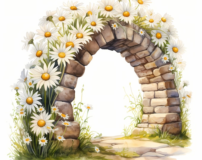 Stone Arch Clipart, Stone Arch with Daisies Images, 10 Watercolor Clip Art, Printable JPGs, Instant Download, Commercial Use, Paper craft