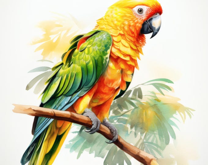 Sun Conure Clipart, Colorful Parrot Images, 10 Watercolor Clip Art, Printable JPGs, Instant Download, Commercial Use, Paper craft