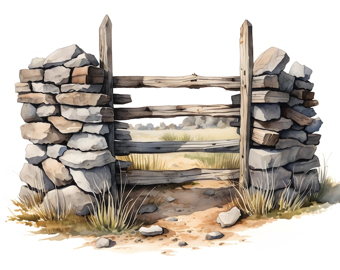 Stone Fence Clipart, Fence Of Stone Images, 10 Watercolor Clip Art, Printable JPGs, Instant Download, Commercial Use, Paper craft