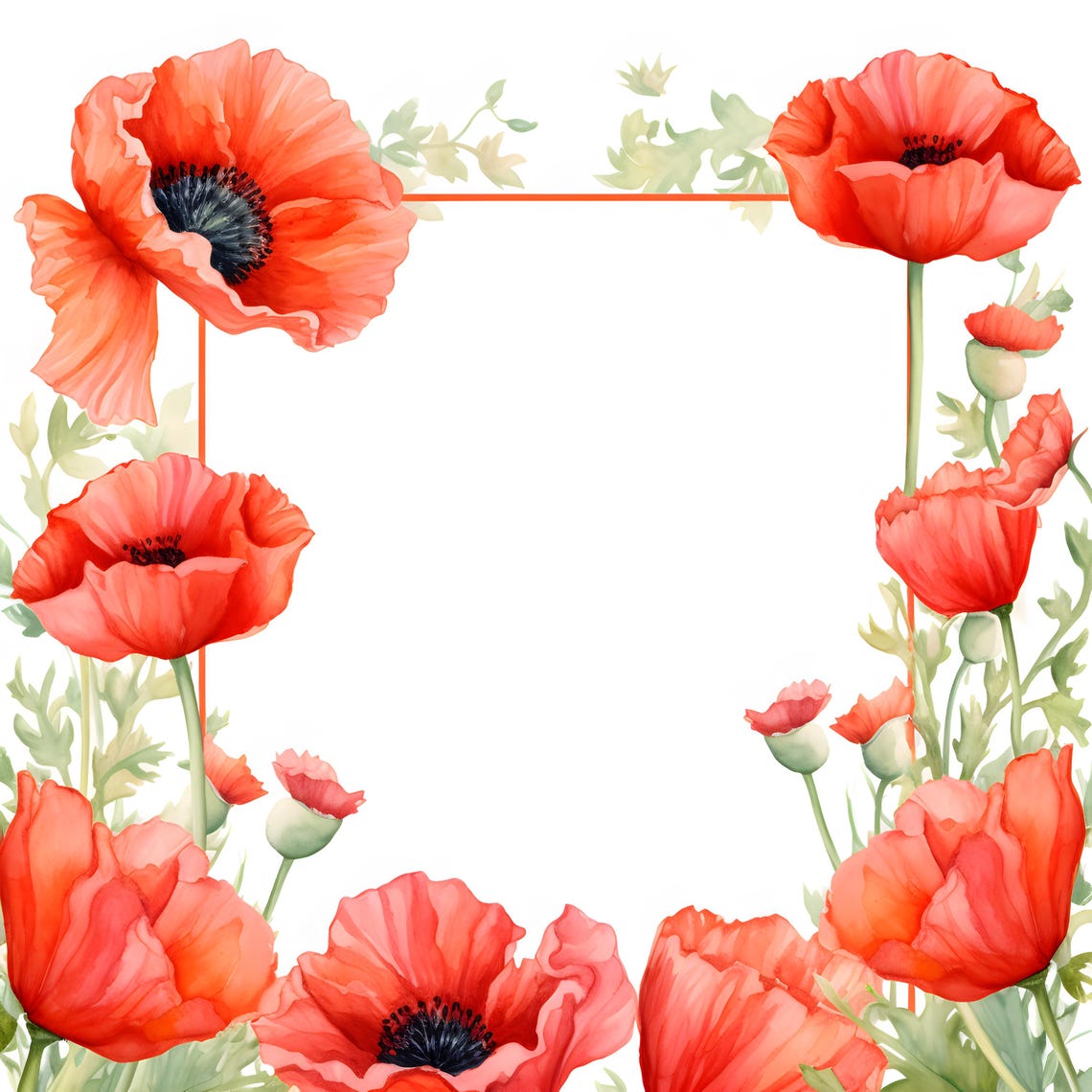 Watercolor Poppy Frame Clipart: Floral Wreath Images (jpgs, Commercial ...