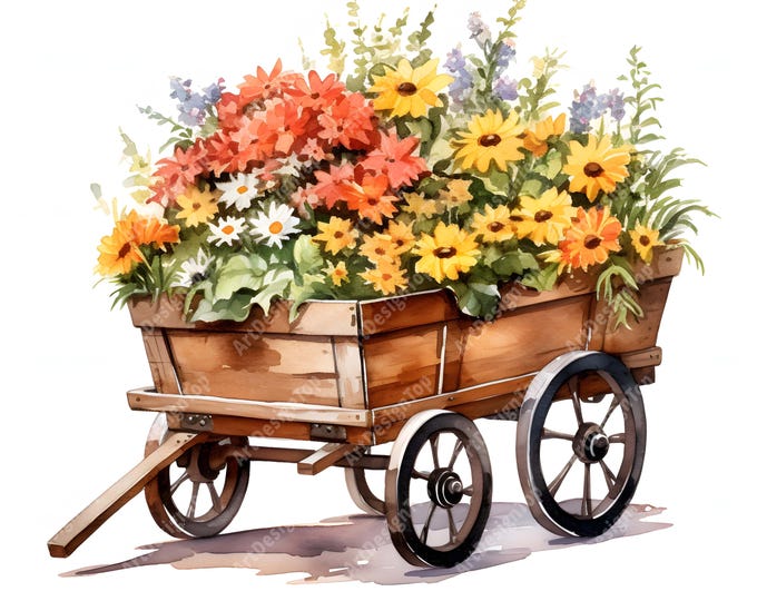 Garden Cart Clipart, Cart with Flowers Images, 10 Watercolor Clip Art, Printable JPGs, Instant Download, Commercial Use, Paper craft