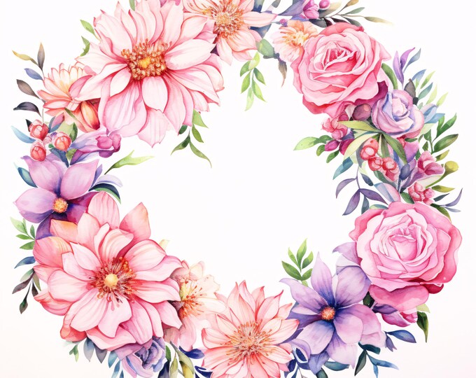 Watercolor Floral Wreath Clipart: Spring Flower Circle (JPG Instant Download, Commercial Use)