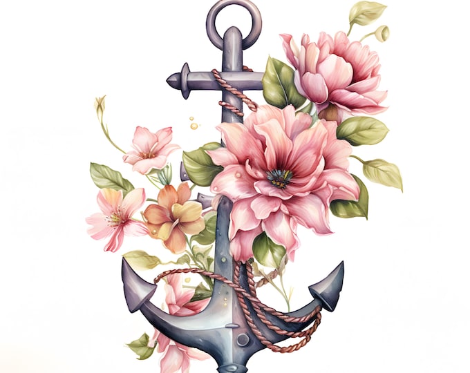 Floral Anchor Clipart, Ship Anchor Images, 10 Watercolor Clip Art, Printable JPGs, Instant Download, Commercial Use, Paper craft