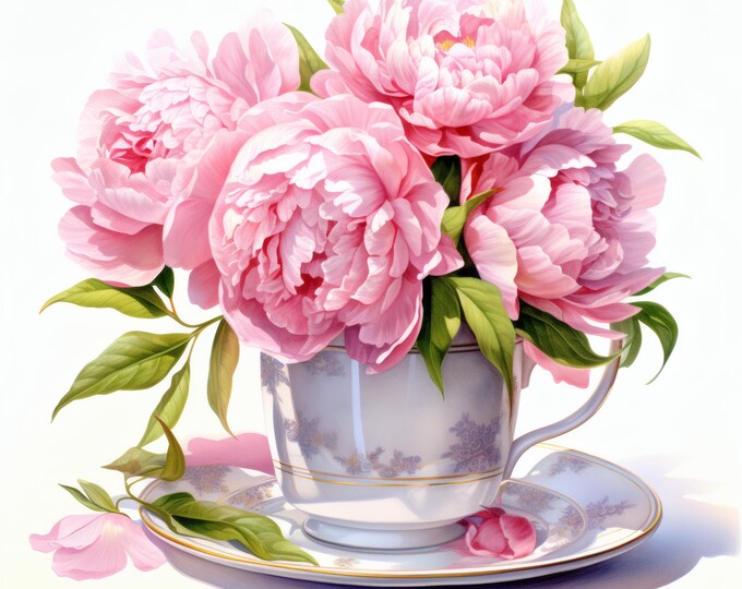 Peonies in Tea Cup Clipart, Floral Vintage Images, 10 Watercolor Clip Art, Printable JPGs, Instant Download, Commercial Use, Paper craft