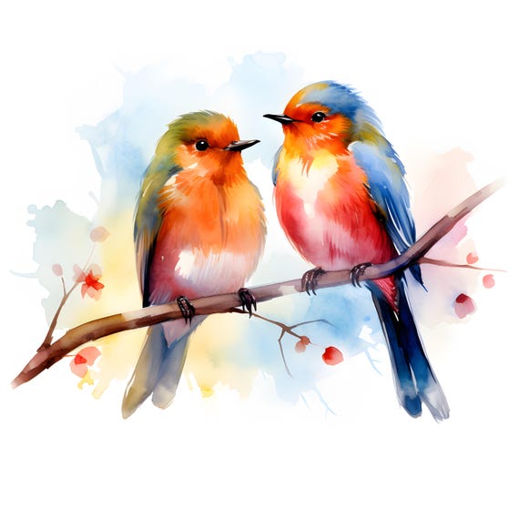 水彩画の鳥のクリップアート：春の鳥の画像（JPG 即時ダウンロード