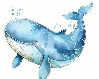 Clipart de baleia em aquarela: imagens de baleias em desenho animado (JPGs, uso comercial)