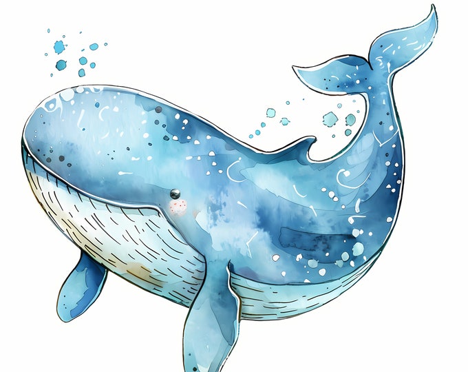 Whale Clipart, Cartoon Whales Images, 10 Watercolor Clip Art, Printable JPGs, Instant Download, Commercial Use, Paper craft