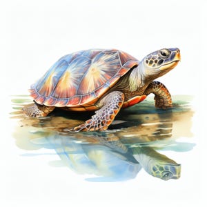 May include: Watercolor painting of a sea turtle with a colorful shell in shades of blue, orange, and brown. The turtle is partially submerged in water, with its reflection visible below. The artwork has a soft, artistic style.