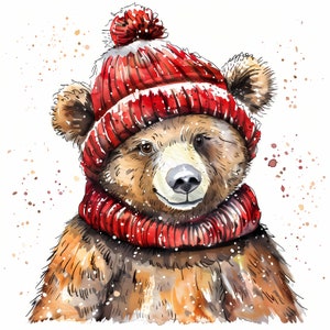 Pudelmütze Bären Clipart, 10 Aquarell Clip Art, druckbare JPGs, Sofort Download, kommerzielle Nutzung, Papiermodell
