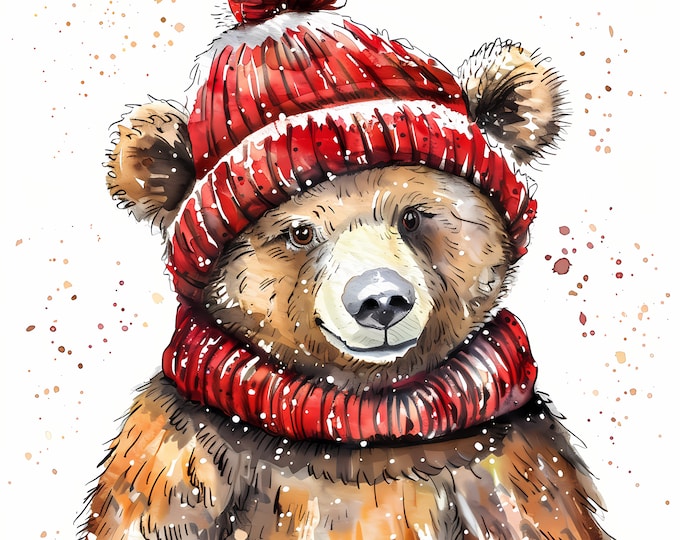 Bobble Hat Bear Clipart, Bears in Wool Hat Images, 10 Watercolor Clip Art, Printable JPGs, Instant Download, Commercial Use, Paper craft