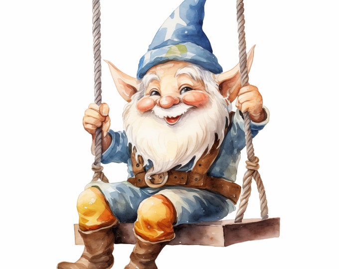 Swing Gnome Clipart, Gnome on Swing Images, 10 Watercolor Clip Art, Printable JPGs, Instant Download, Commercial Use, Paper craft