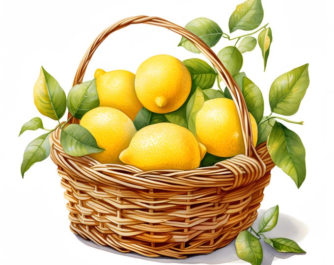 Lemons Basket Clipart, Lemons In Basket Images, 10 Watercolor Clip Art, Printable JPGs, Instant Download, Commercial Use, Paper craft