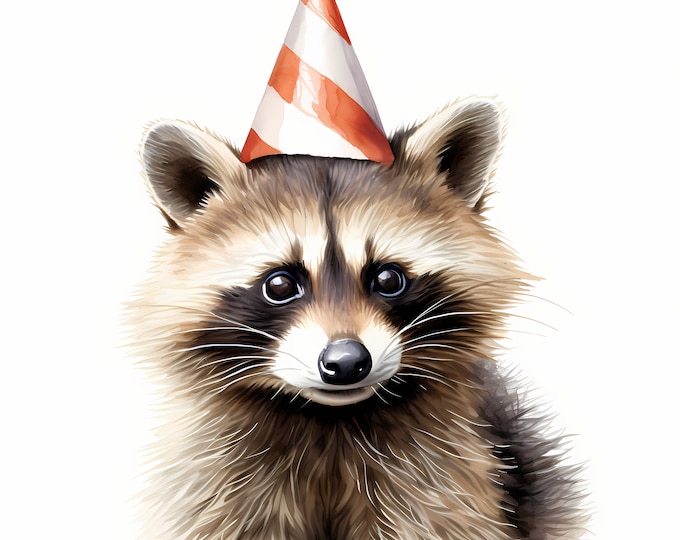 Funny Raccoon Clipart, Raccoon with Party Hat Images, 10 Watercolor Clip Art, Printable JPGs, Instant Download, Commercial Use, Paper craft