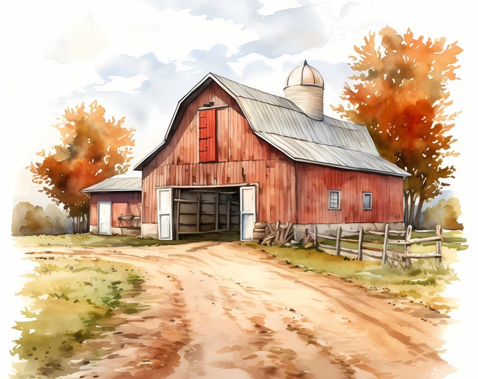 Red Farm Barns Clipart, Autumn Barn Images, 10 Watercolor Clip Art, Printable JPGs, Instant Download, Commercial Use, Paper craft