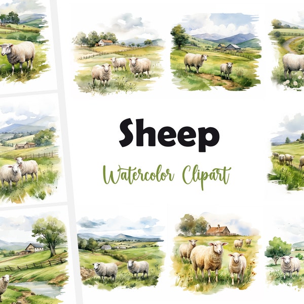 12 Sheep Clipart, Sheep JPG, Farmyard Animals, Watercolor clipart, High Quality JPGs, Digital Download, High Resolution, Commercial Use