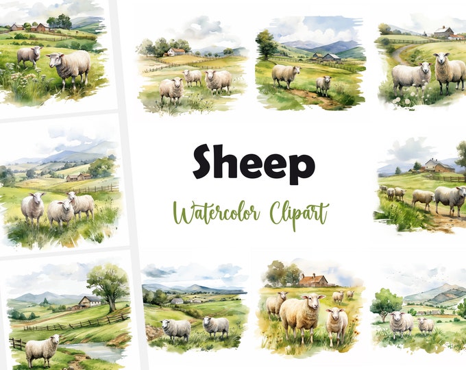 Sheep Clipart, Farmyard Sheep Images, 12 Watercolor Clip Art, Printable JPGs, Instant Download, Commercial Use, Paper craft