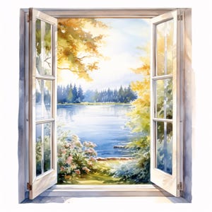 Puede incluir: Pintura a la acuarela de una ventana abierta con vistas a un sereno paisaje lacustre. El marco de la ventana es blanco, con la vista que muestra un lago azul, árboles verdes y follaje colorido. La obra evoca una sensación de tranquilidad y belleza natural.