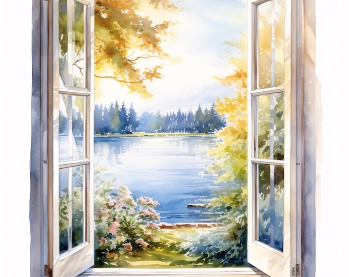 Lake View Window Clipart, Nature Landscape Images, 10 Watercolor Clip Art, Printable JPGs, Instant Download, Commercial Use, Paper craft