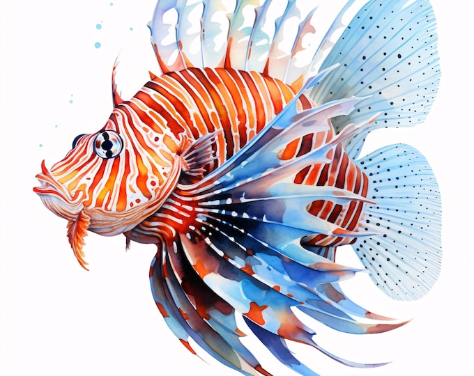 Watercolor Lionfish Clipart: Exotic Fish JPG Images (Commercial Use, Instant Download)