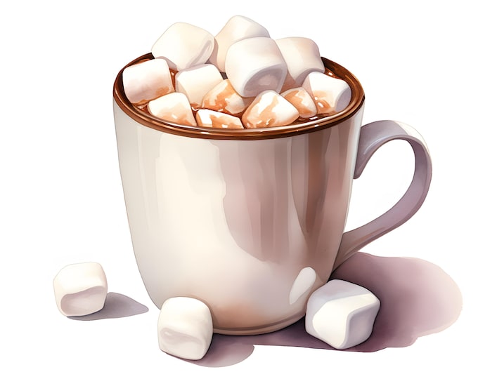 Hot Chocolate Clipart, Chocolate With Marshmallows Images, 10 Watercolor Clip Art, Printable JPGs, Instant Download, Commercial Use