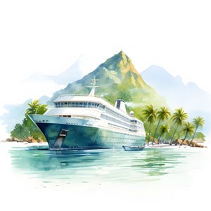 Tropical Cruise Watercolor Clipart: Island Vacation JPGs (Commercial Use)