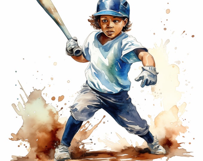 Children Baseball Clipart, Baseball Images, 10 Watercolor Clip Art, Printable JPGs, Instant Download, Commercial Use, Paper craft